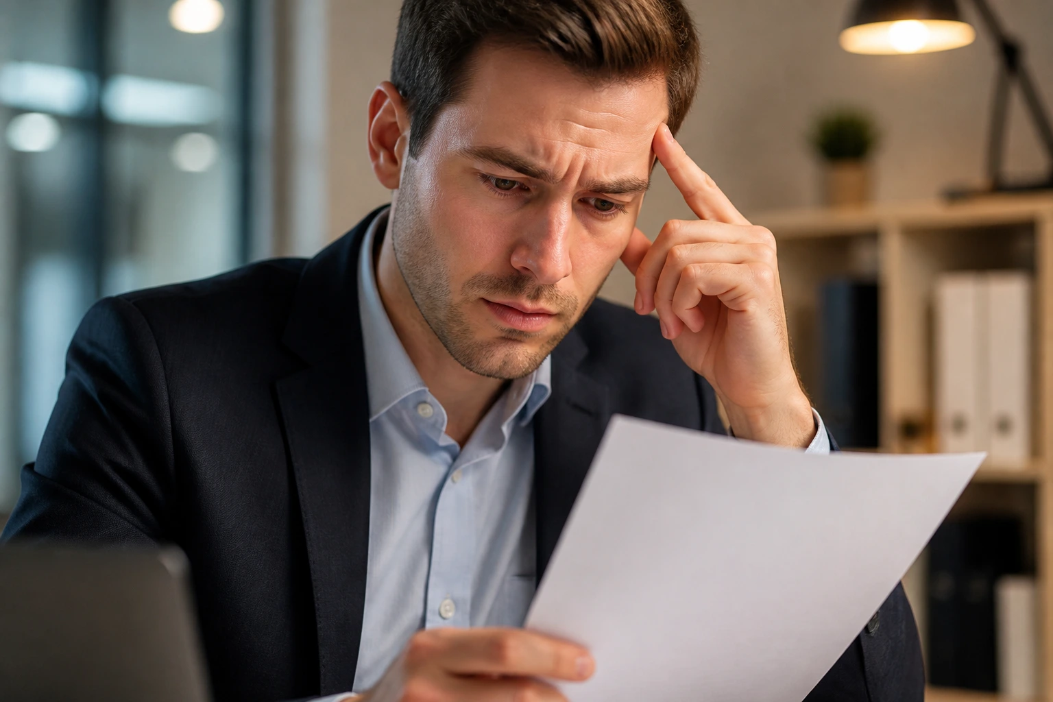 Concerned professional reviewing a contract in an office