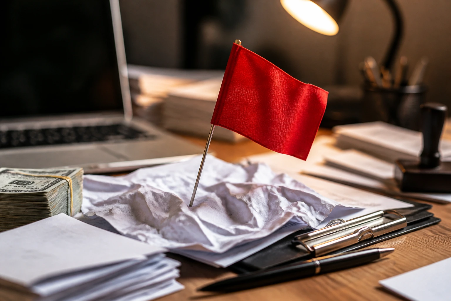 Close-up of red flag among documents on a desk signaling recruitment scams