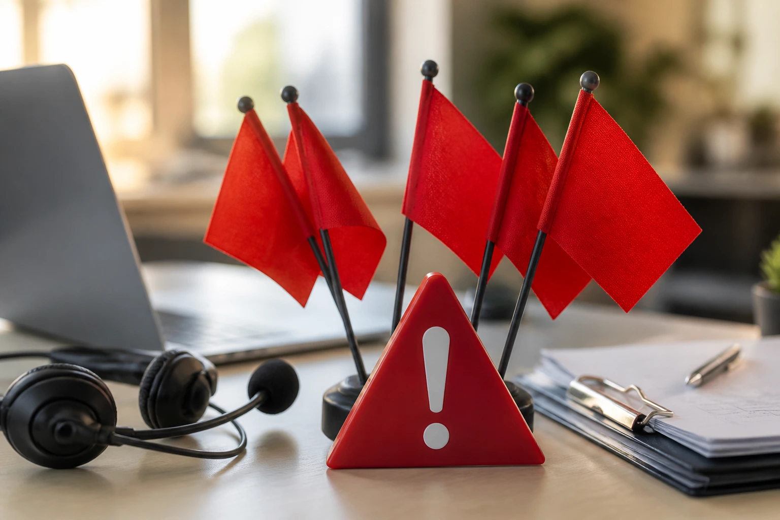 Close-up of red flags signaling warning signs about a fake job offer in an office setting