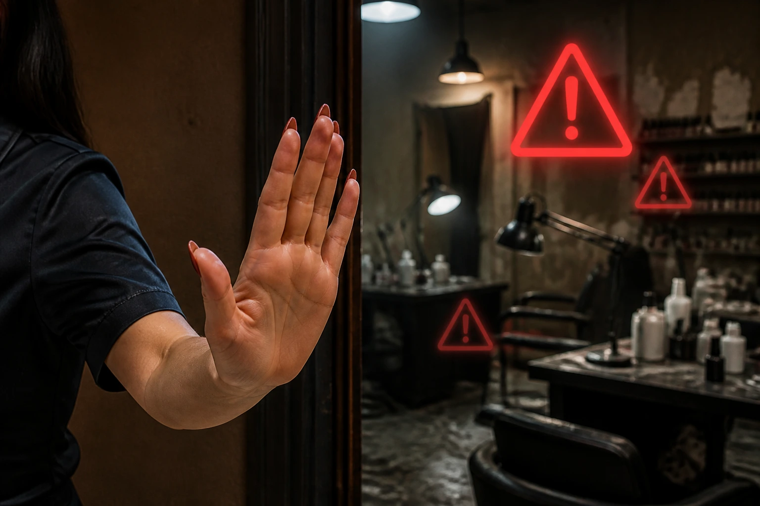 Close-up of a hand turning away from a warning icon scene, signaling red flags in job offers