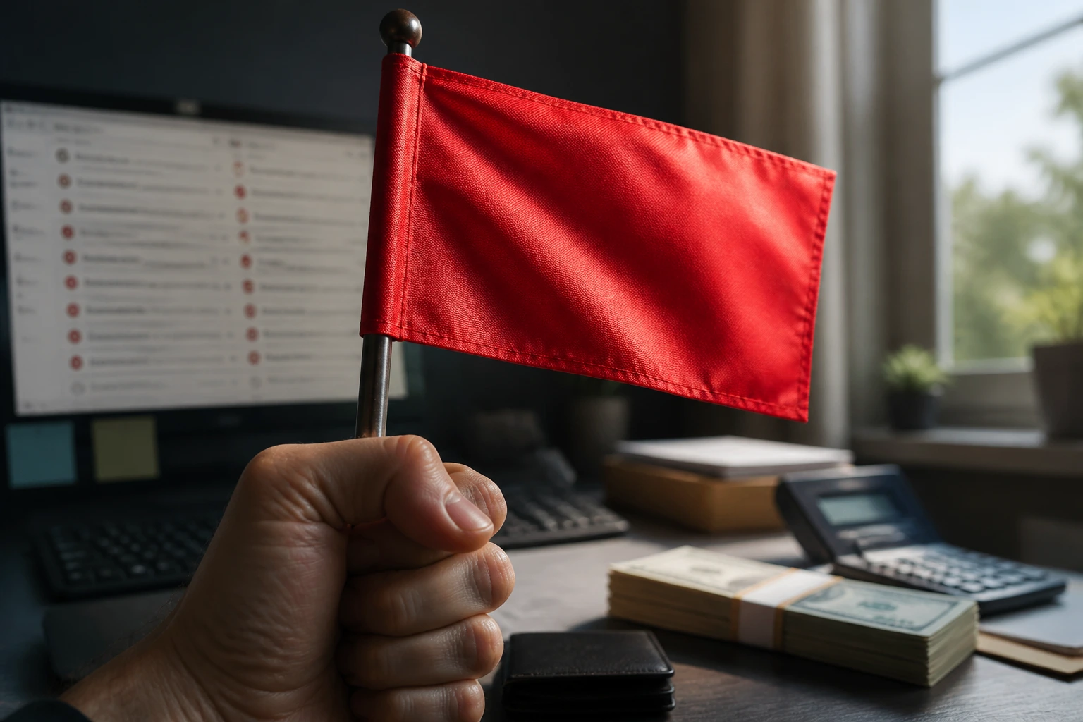 Close-up of a hand holding a red warning flag over a desk, symbolizing red flags in hiring scams