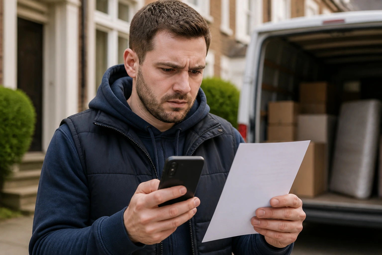 Person scrutinizing a job ad with a wary expression in a home or street setting.
