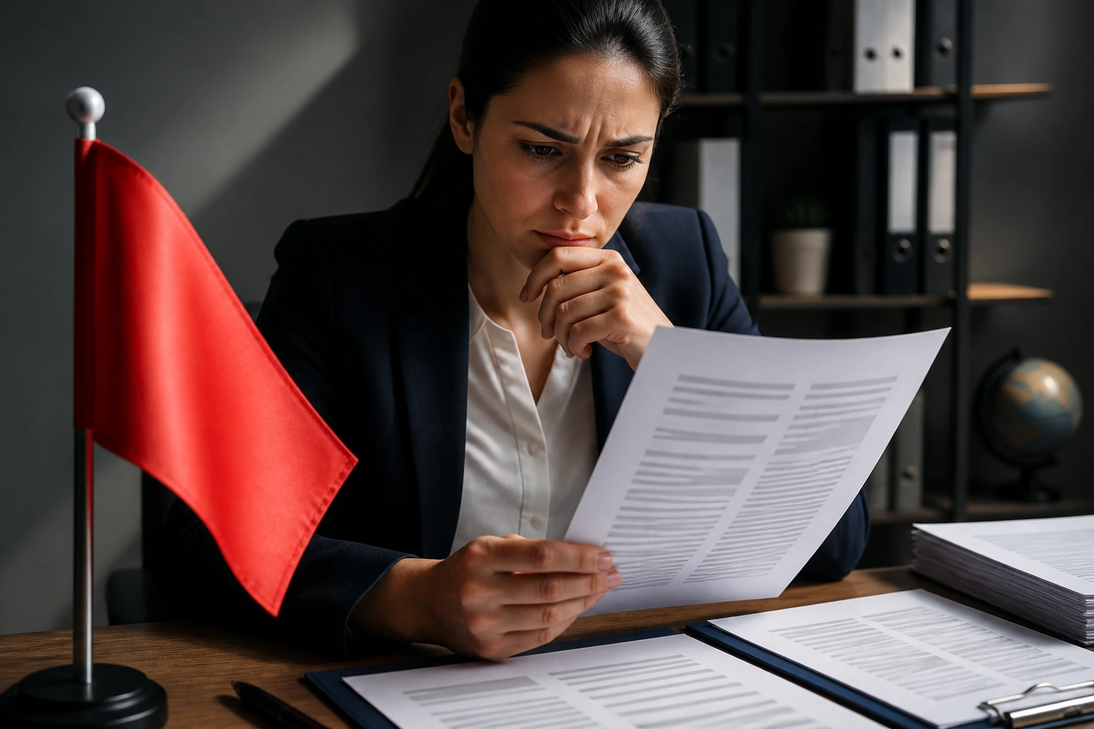 Person evaluating documents with a red flag symbol signaling risk