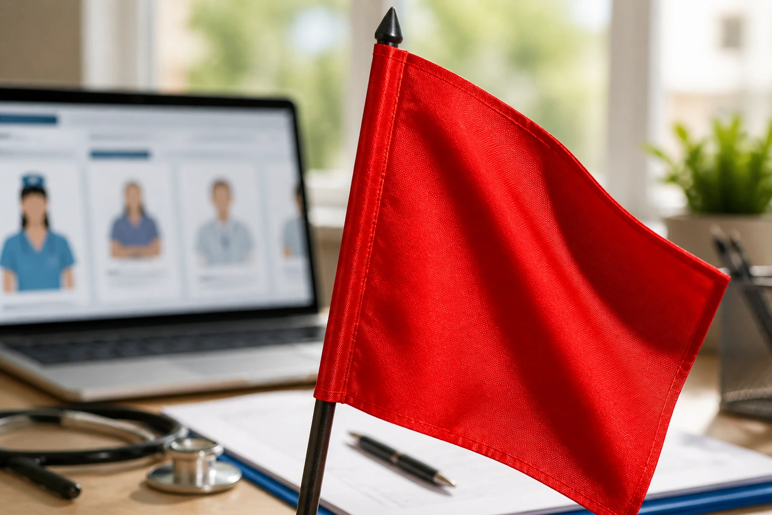 Close-up of a red warning flag signaling potential scam in job ads and sponsorship offers against a blurred desk setup