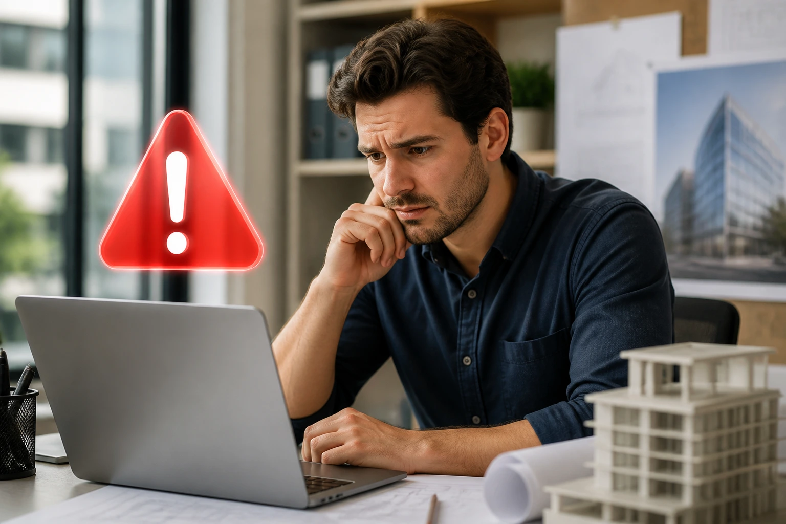 Wary professional with warning icon over laptop