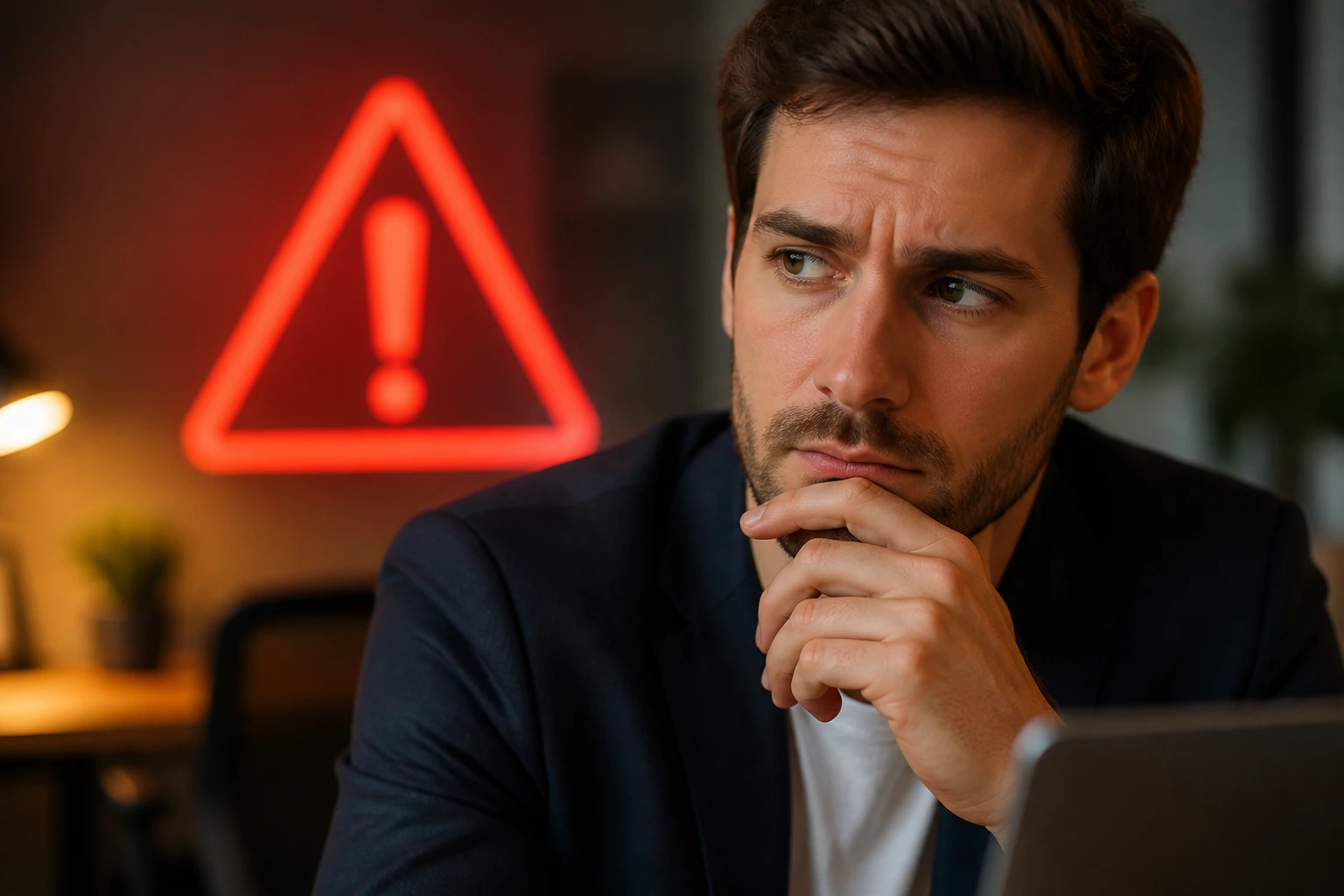 Wary professional in an office with a red symbol suggesting red flags