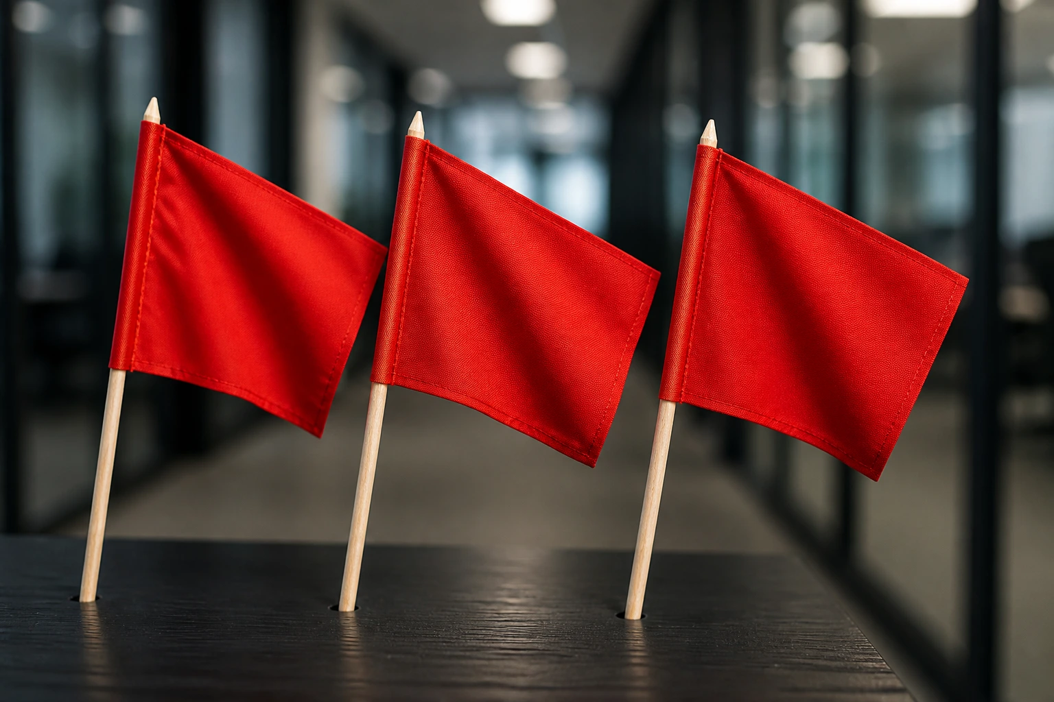 Close-up of red flags symbolizing LMIA sponsorship scams in a corporate setting