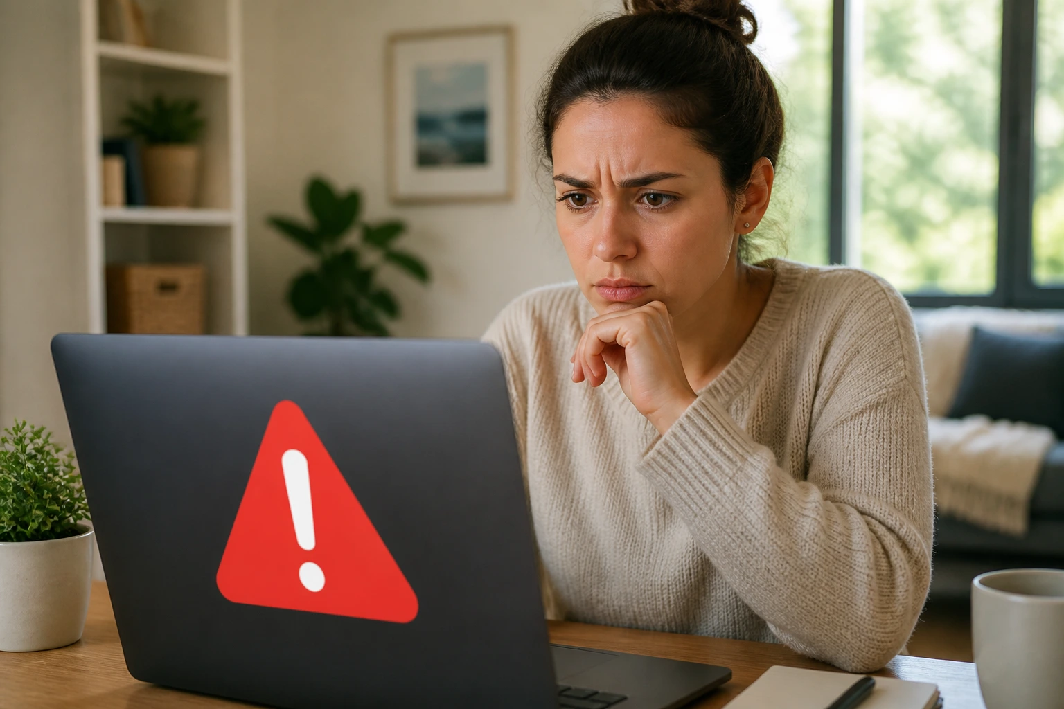 Close-up of a person viewing a laptop with a red warning icon, signaling red flags in nanny ads