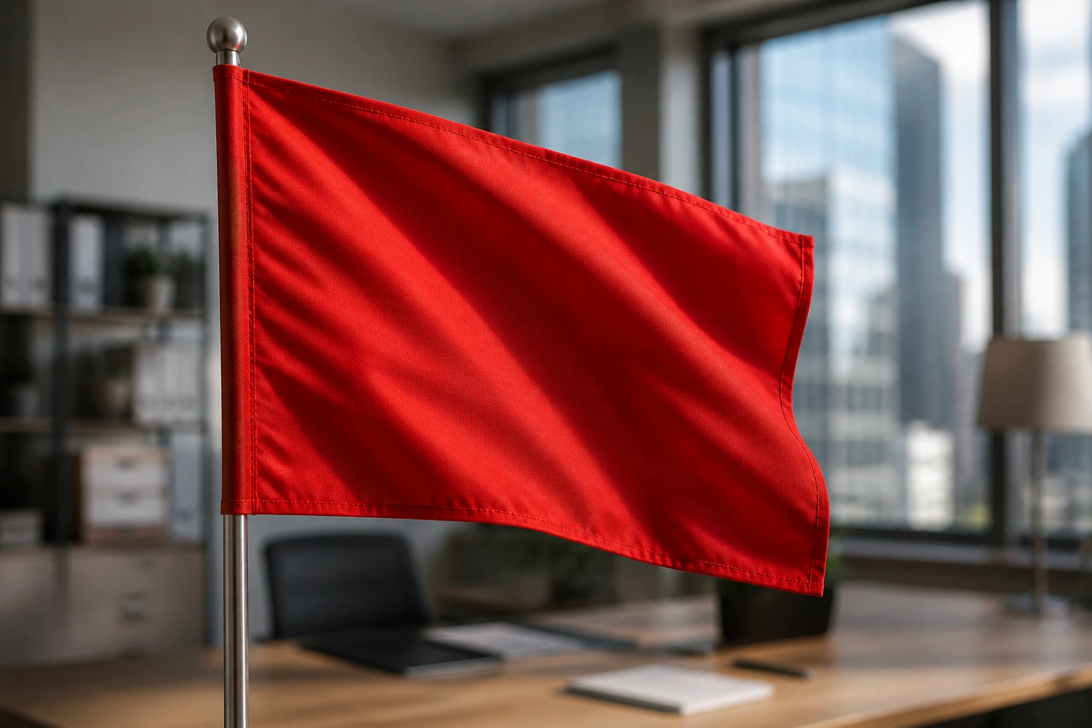 Close-up of a red warning flag dominating an office background