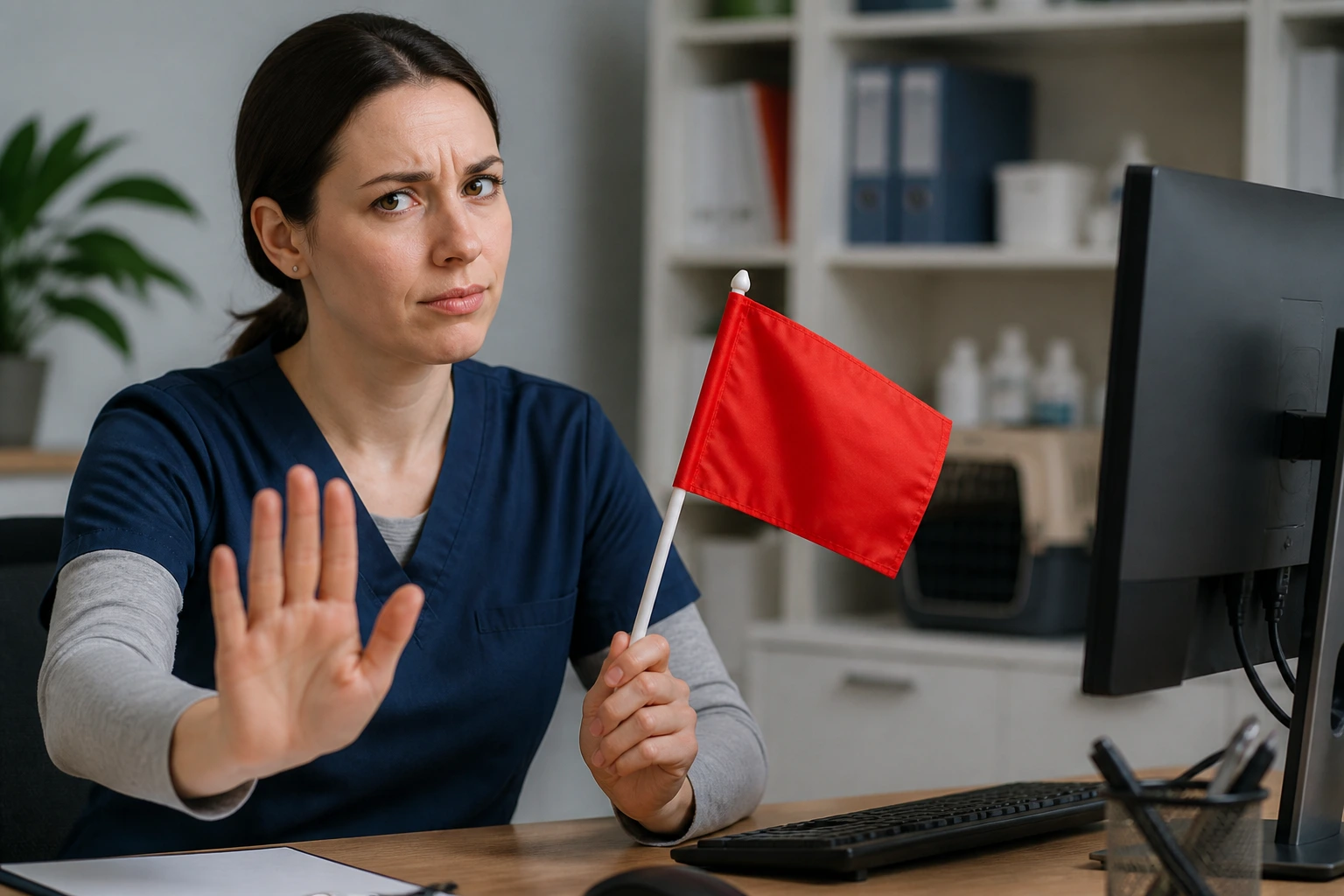 Portrait of a job seeker wary of recruiter red flags in an office