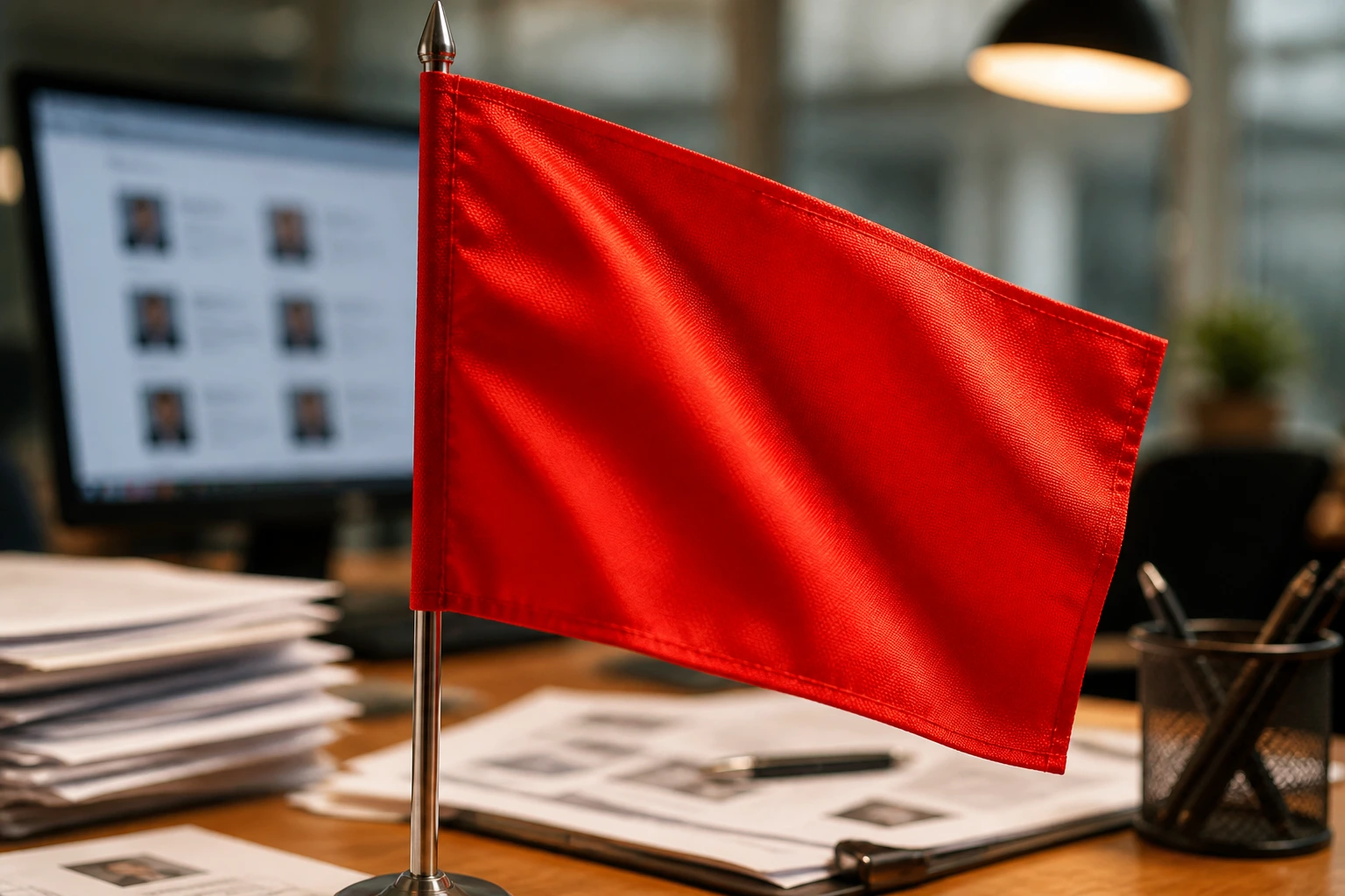 Close-up of a red flag on a desk representing recruitment red flags in job ads.