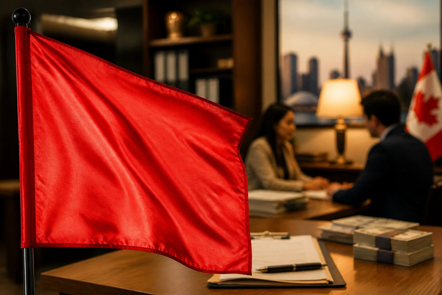 Close-up of a red warning flag symbolizing red flags in recruitment and LMIA scams