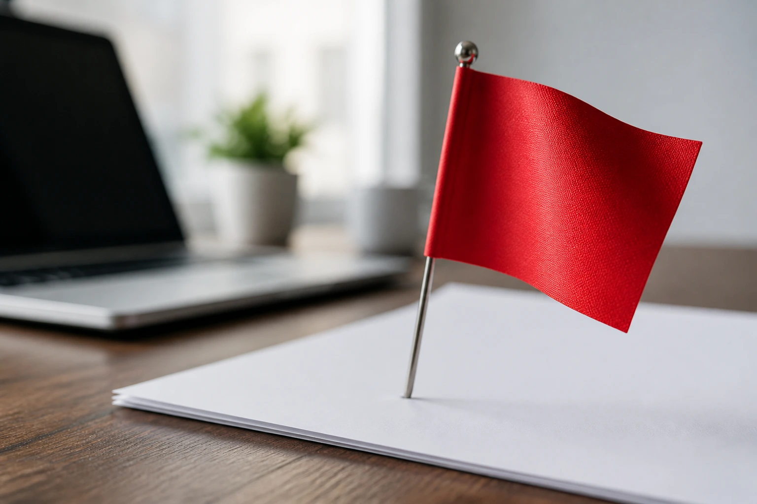 Close-up of a red flag piercing a blank document on a desk, symbolizing red flags in job ads.