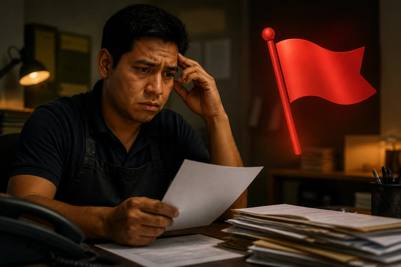 Worker noticing red flag icon signaling recruitment scams