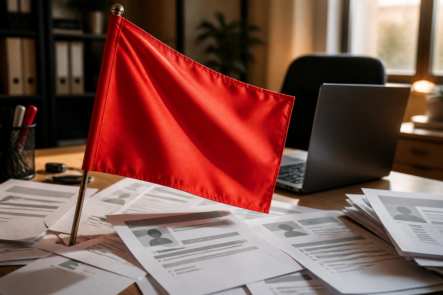 Close-up of a red flag over a desk with generic job postings symbolizing recruitment red flags