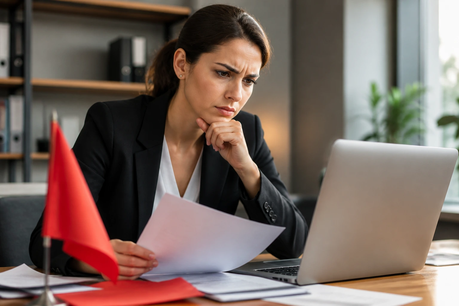 Close-up of a wary job seeker in an office, illustrating red flags in recruiters and visa sponsorship promises