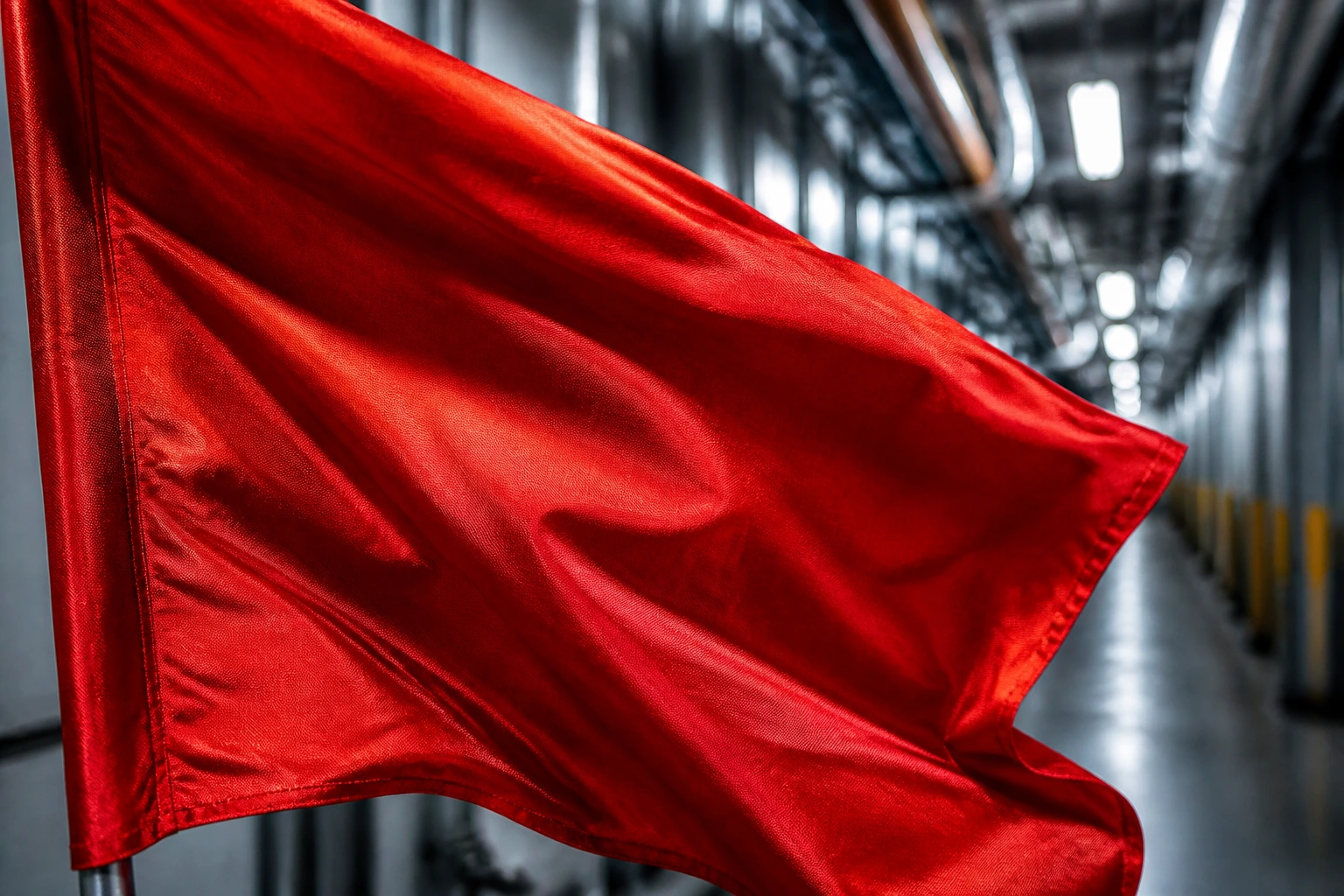 Close-up of a red flag fabric in an industrial corridor, signaling warning signs of scams