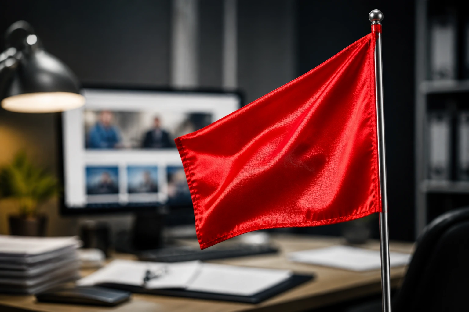 Close-up of a red flag symbolizing recruitment scam risk in an office context