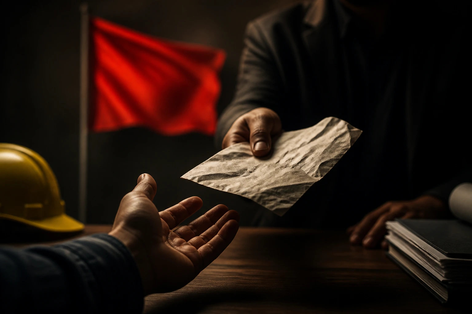 Hands exchanging a crumpled document with a red flag in background