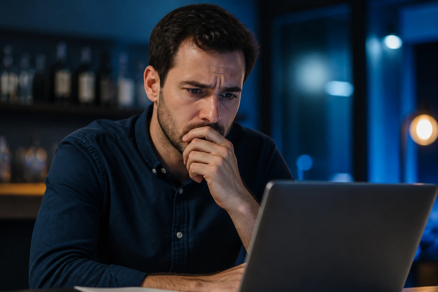 Job seeker with wary expression at desk and laptop