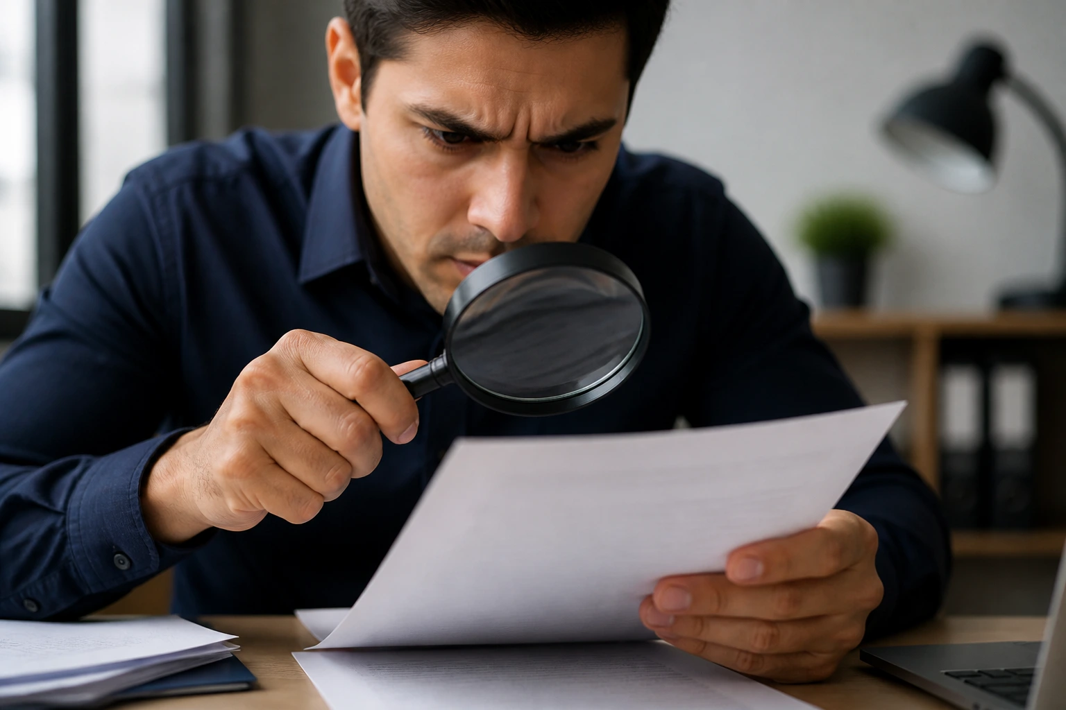Person examining a document with a magnifying glass to spot red flags