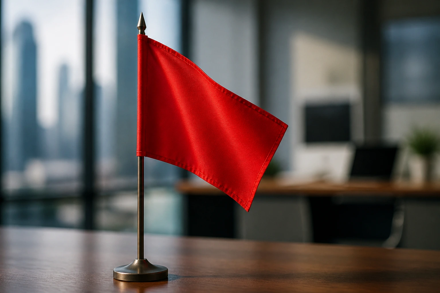 Close-up red flag on desk signaling warning signs