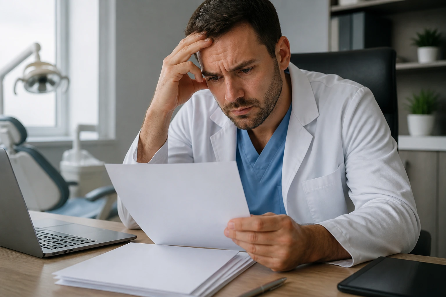 Concerned professional in an office with blank documents in foreground