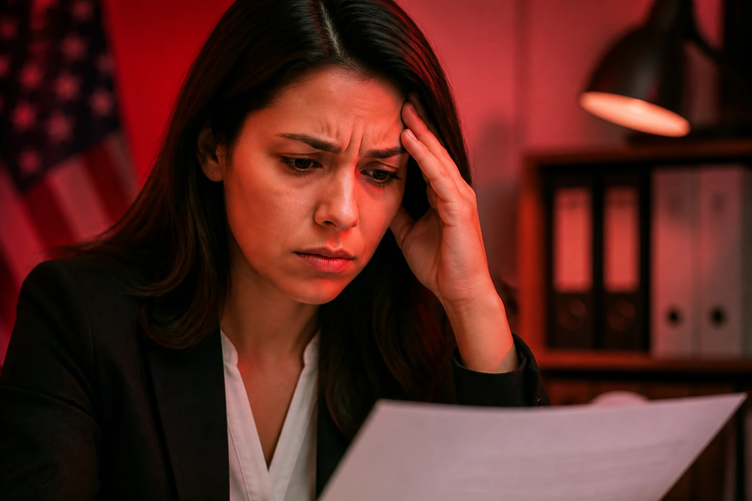 Concerned job seeker evaluating sponsorship offers in a dimly lit office.