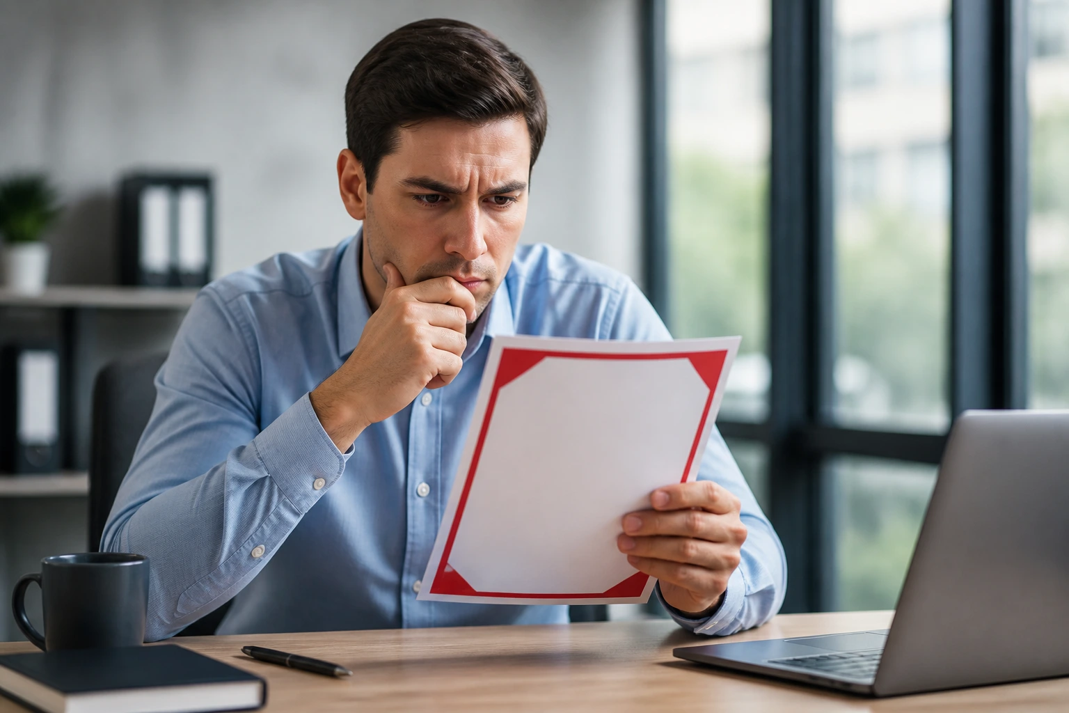 Person reviewing contract with red-edged border indicating warning