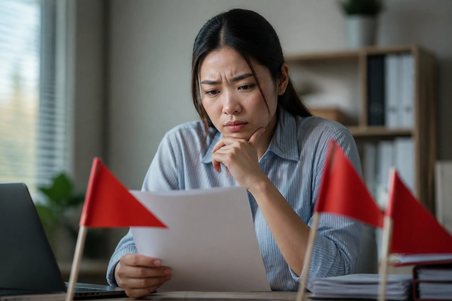 Cautious caregiver in an office, signaling red flags in sponsorship offers