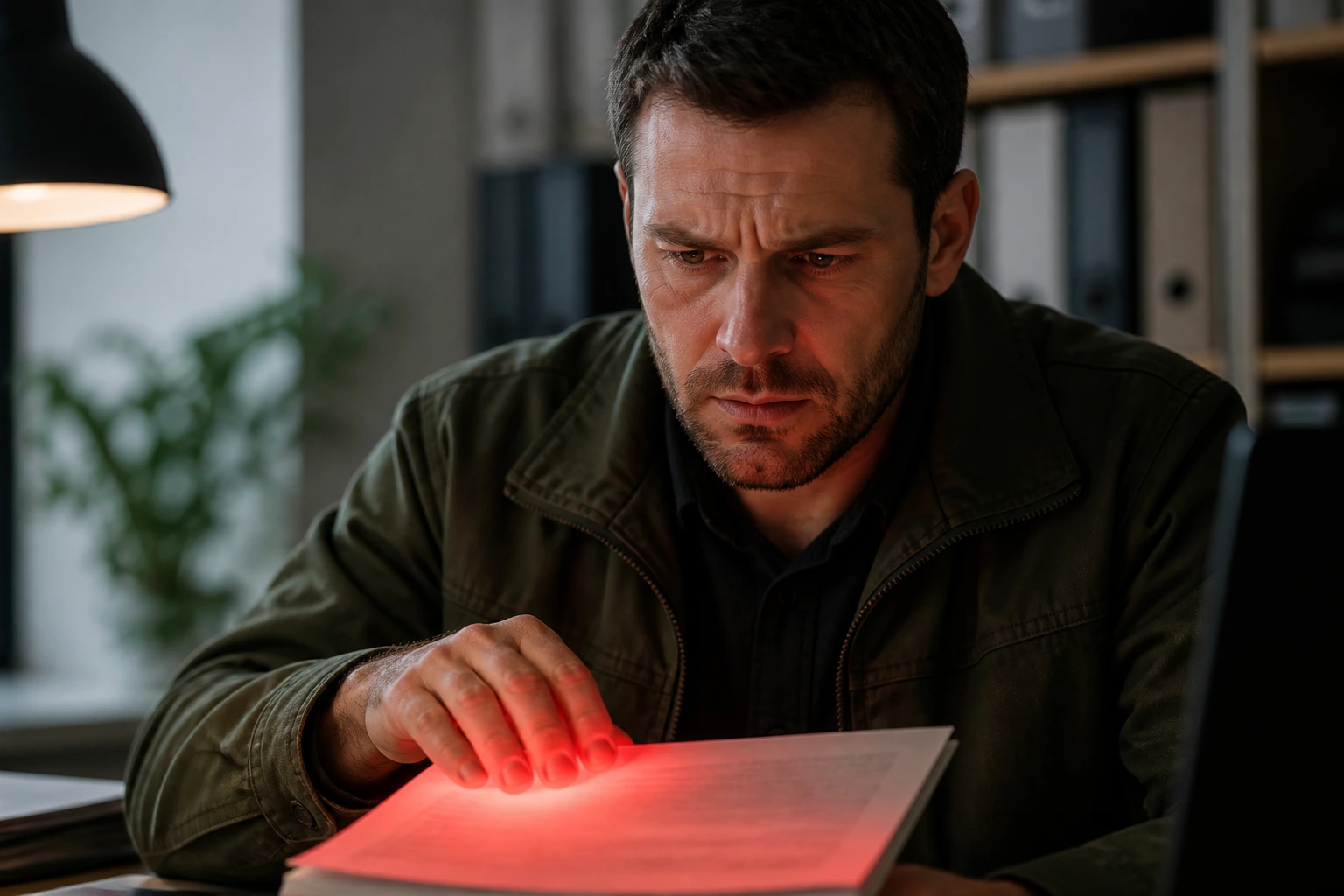 Wary job seeker examining a document with red glow