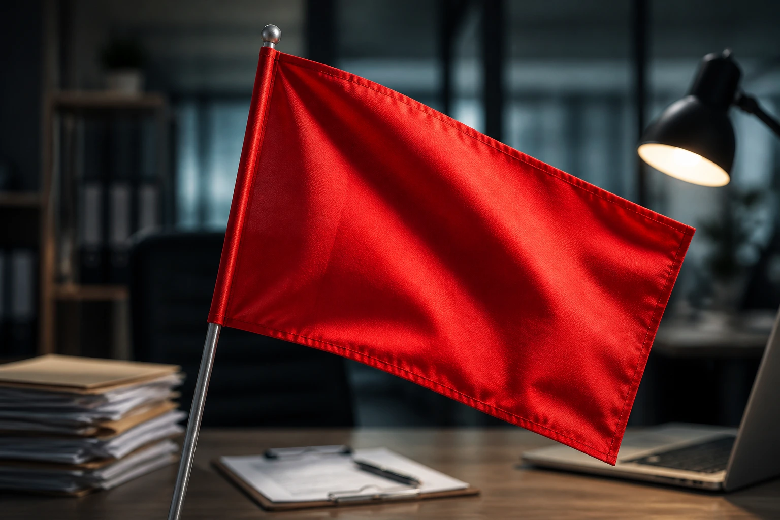 Close-up of a bold red flag on a desk with a blurred background