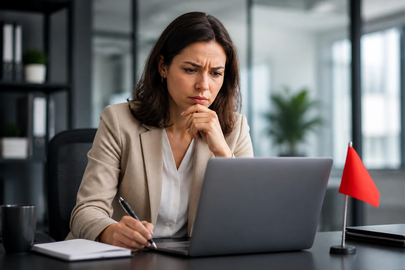 Office professional glancing at laptop with a small red flag icon indicating warning signs