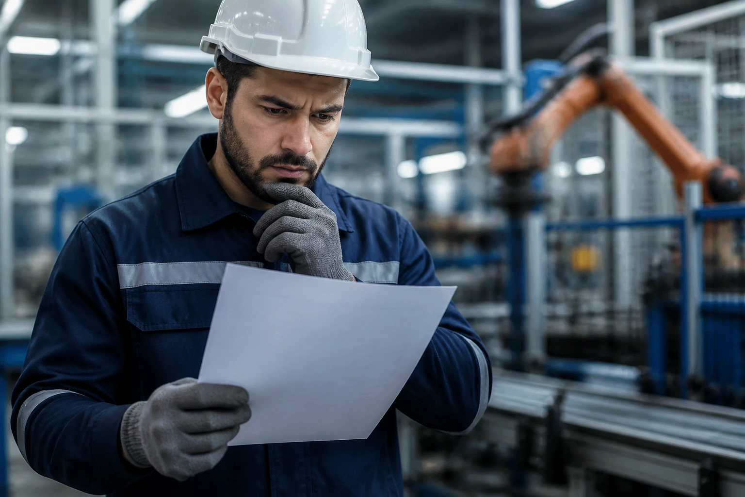 Worker in PPE on factory floor examining a document with wary expression