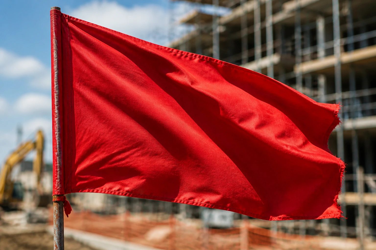 Close-up of a red warning flag signaling sponsorship red flags on a construction site