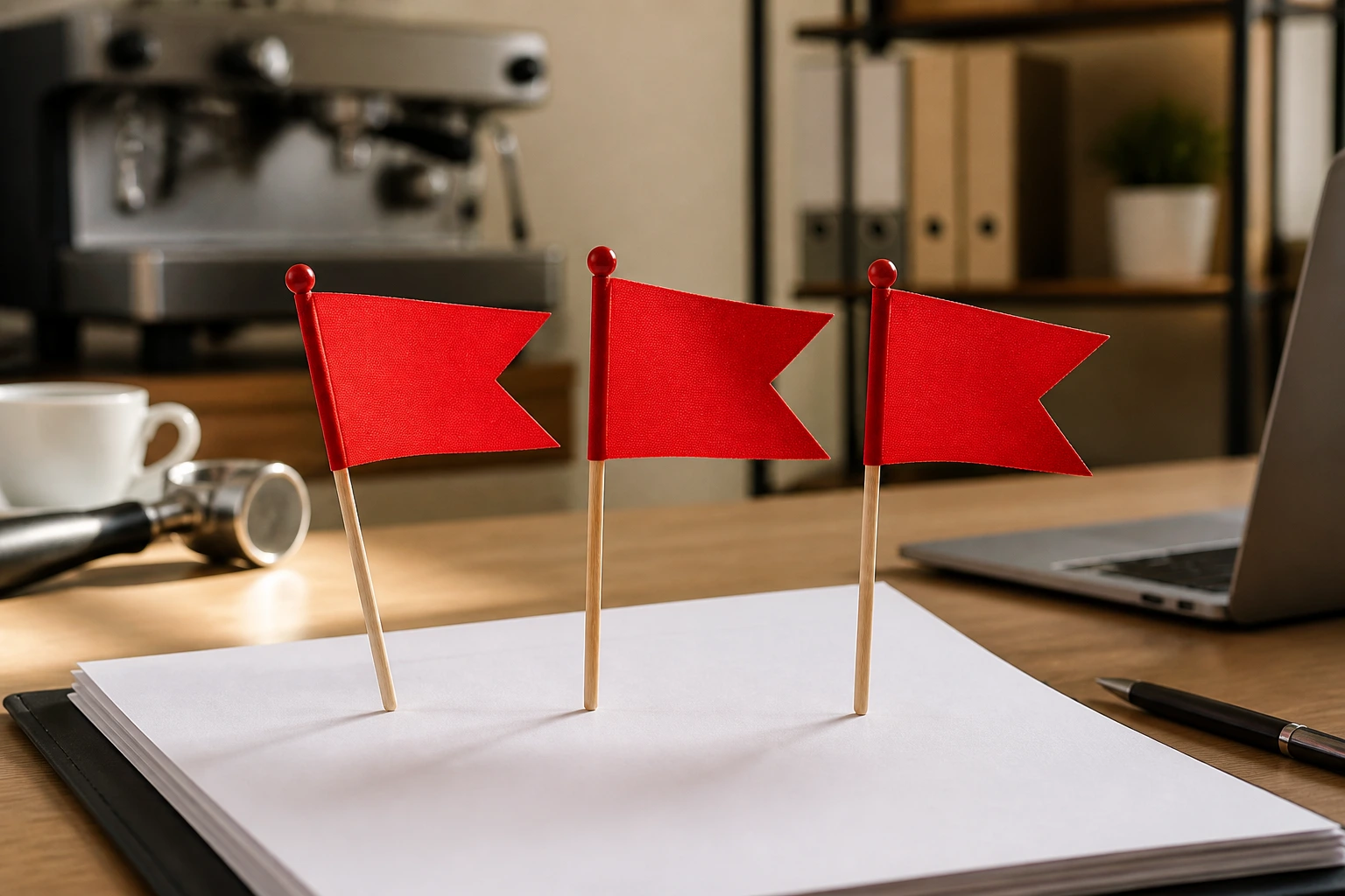 Close-up of red warning flags with blank contracts on a desk, signaling sponsorship deal red flags