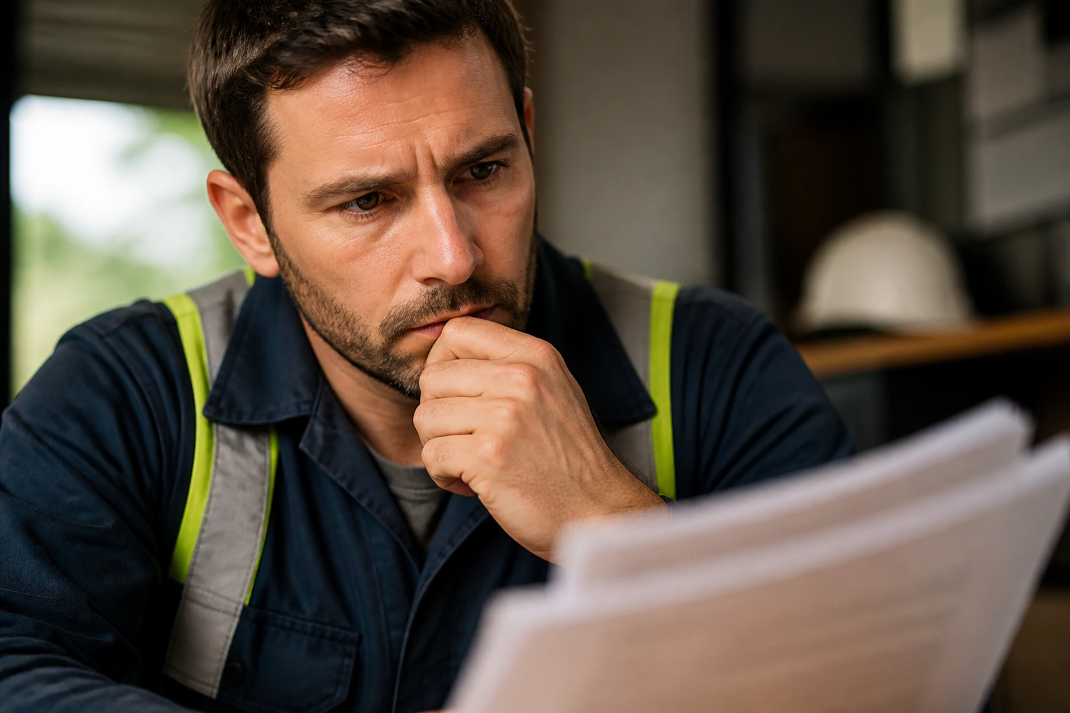 Electrician evaluating sponsorship offers with a wary expression