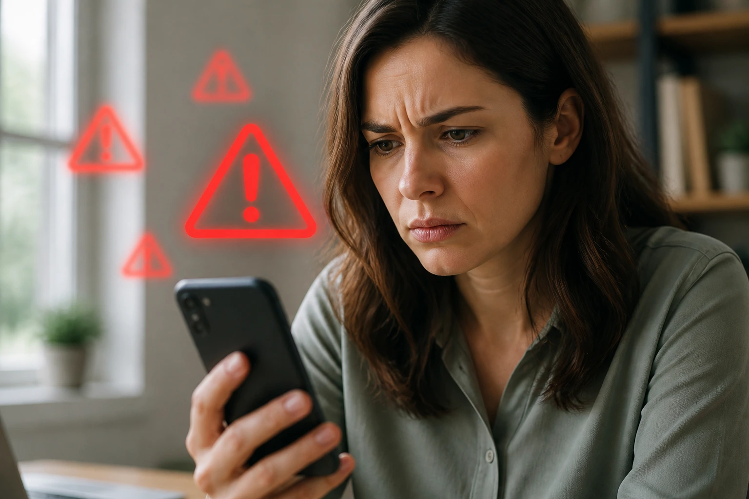 Close-up of a concerned person checking sponsorship messages on a smartphone in a home office.