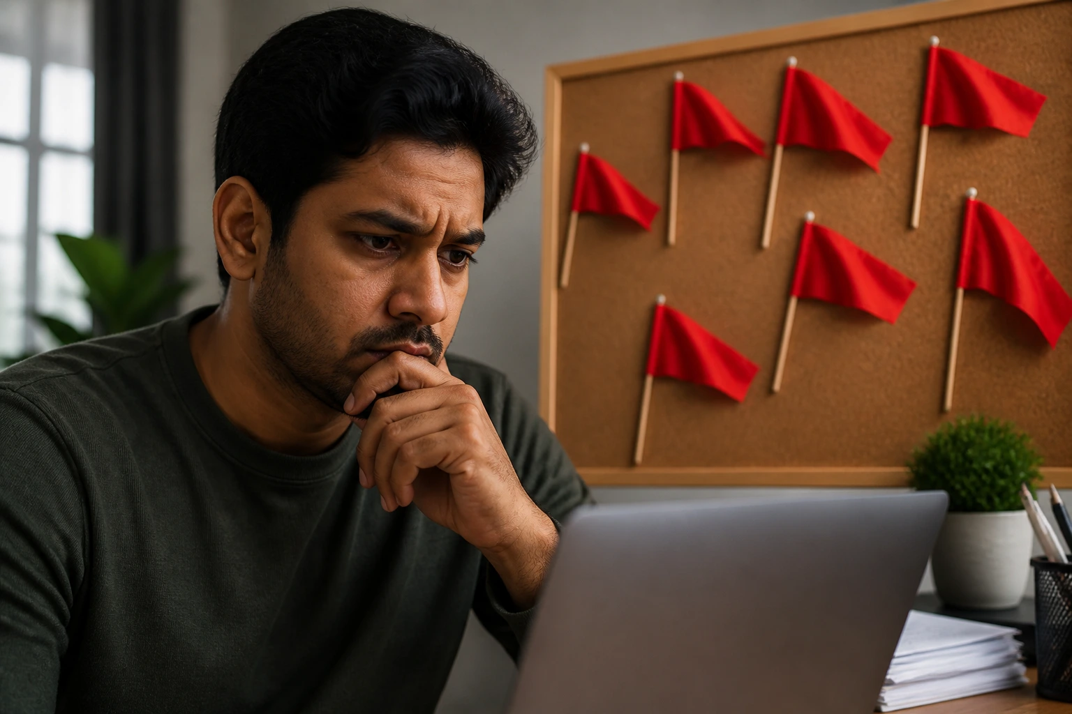 Close-up portrait of a cautious person in a home office with red flags as visual warnings about sponsorship ads and migration offers