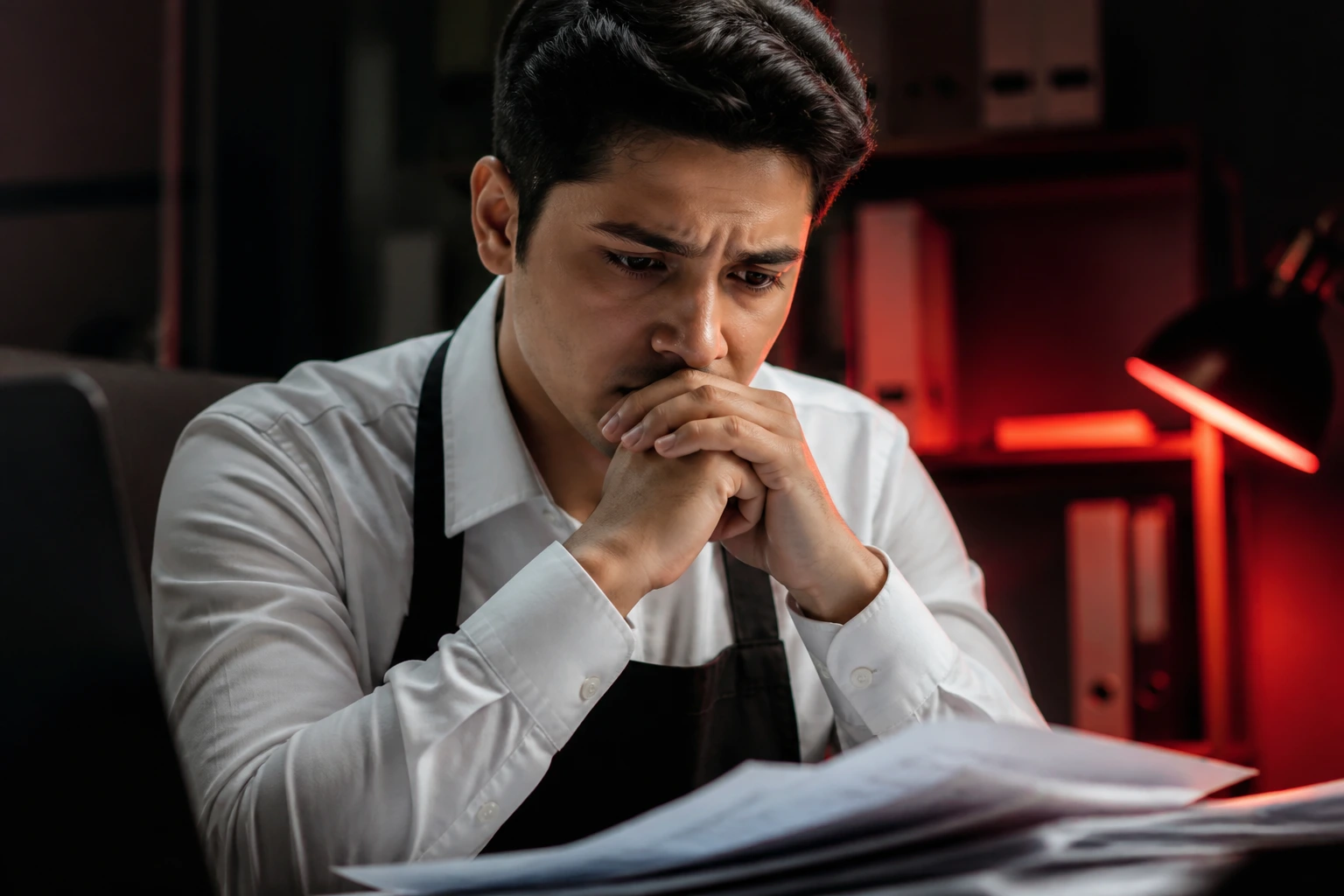 Cautious job seeker highlighting red flags in sponsorship offers in a dim office.