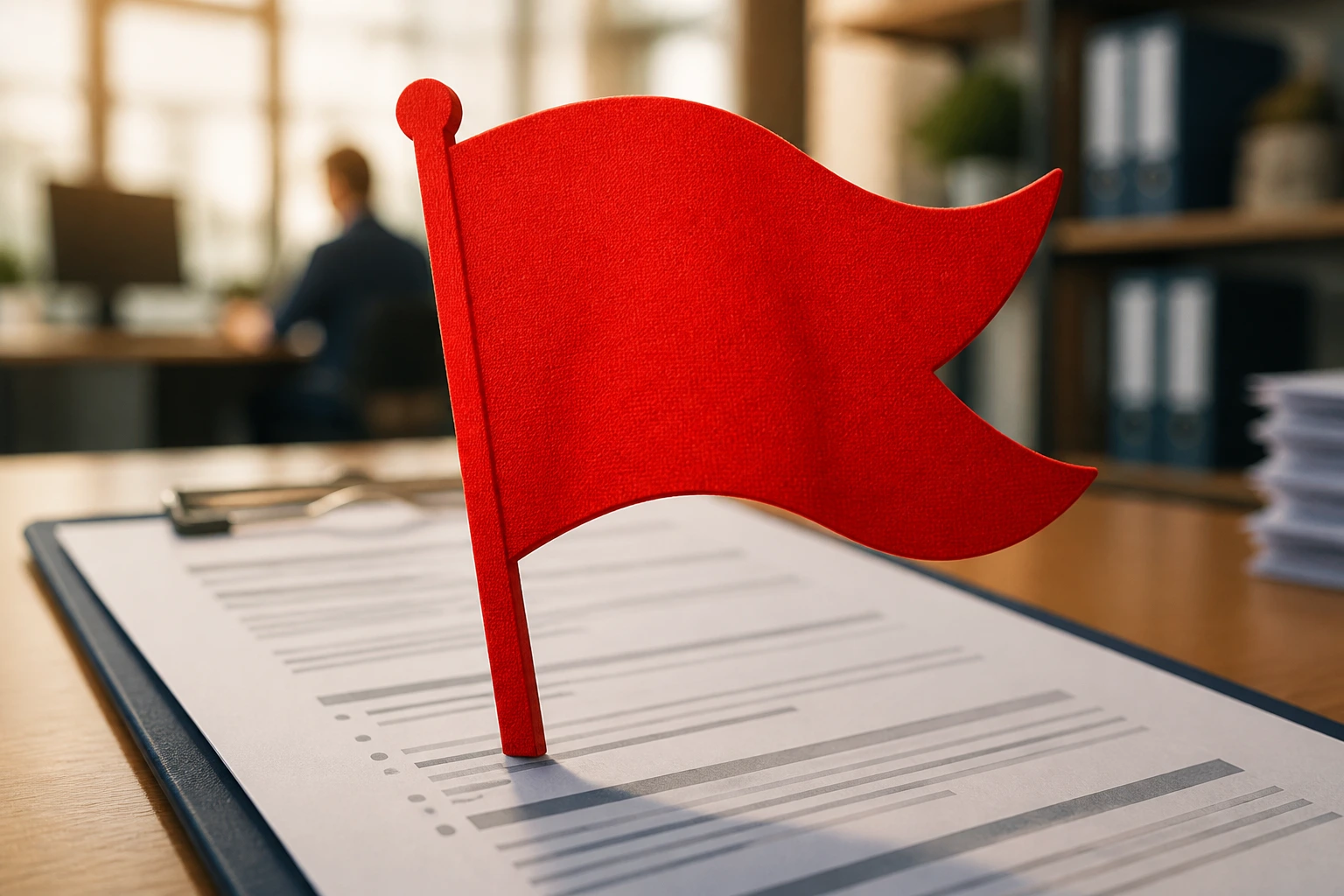 Close-up of a red flag silhouette over a generic document on a desk, symbolizing sponsorship red flags in NHS job ads