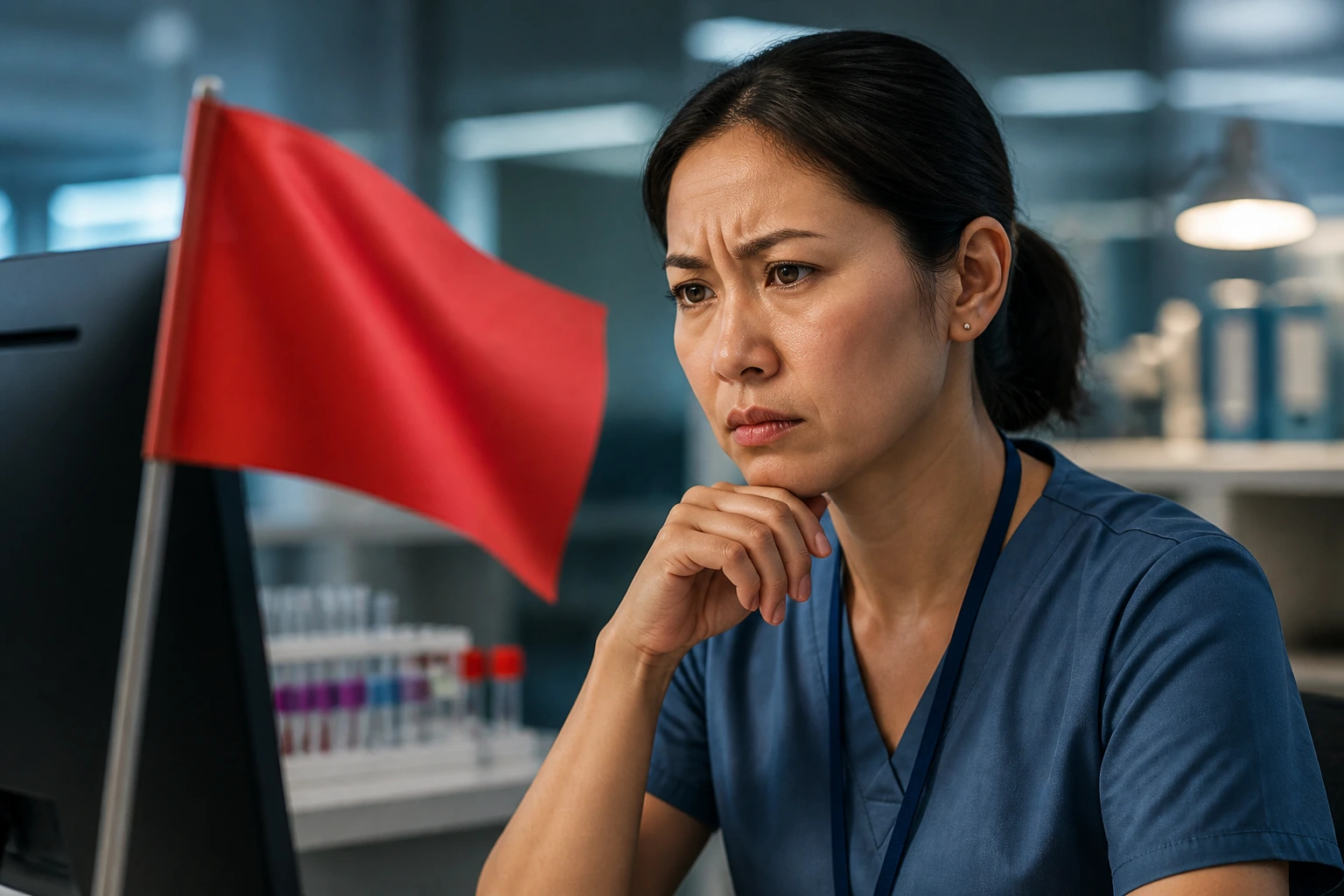 Professional wary expression while reviewing potentially suspicious sponsorship messages on a computer.