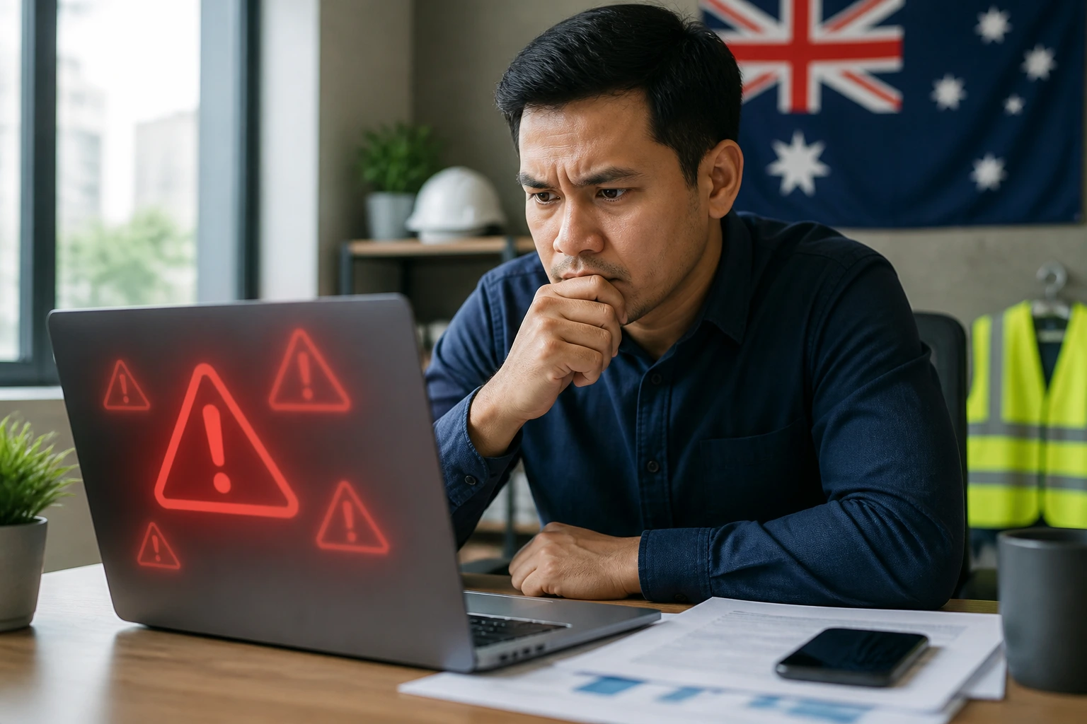 Close-up of a wary job seeker with a laptop showing red warning icons signifying sponsorship scams