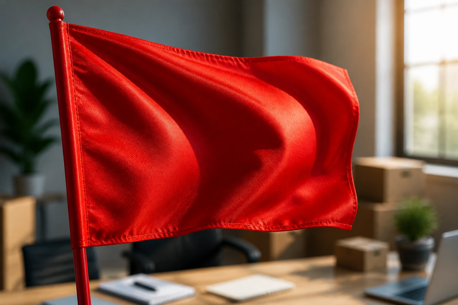 Close-up of a red warning flag in an office setting symbolizing red flags in sponsored removalist job ads