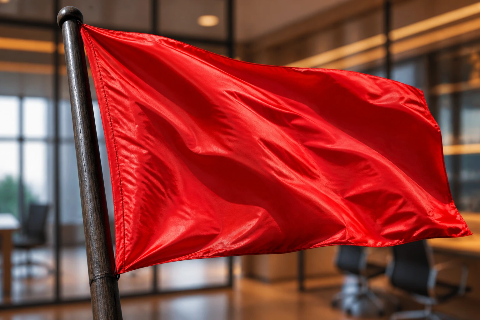 Close-up of a large red flag signaling warning signs in an office environment