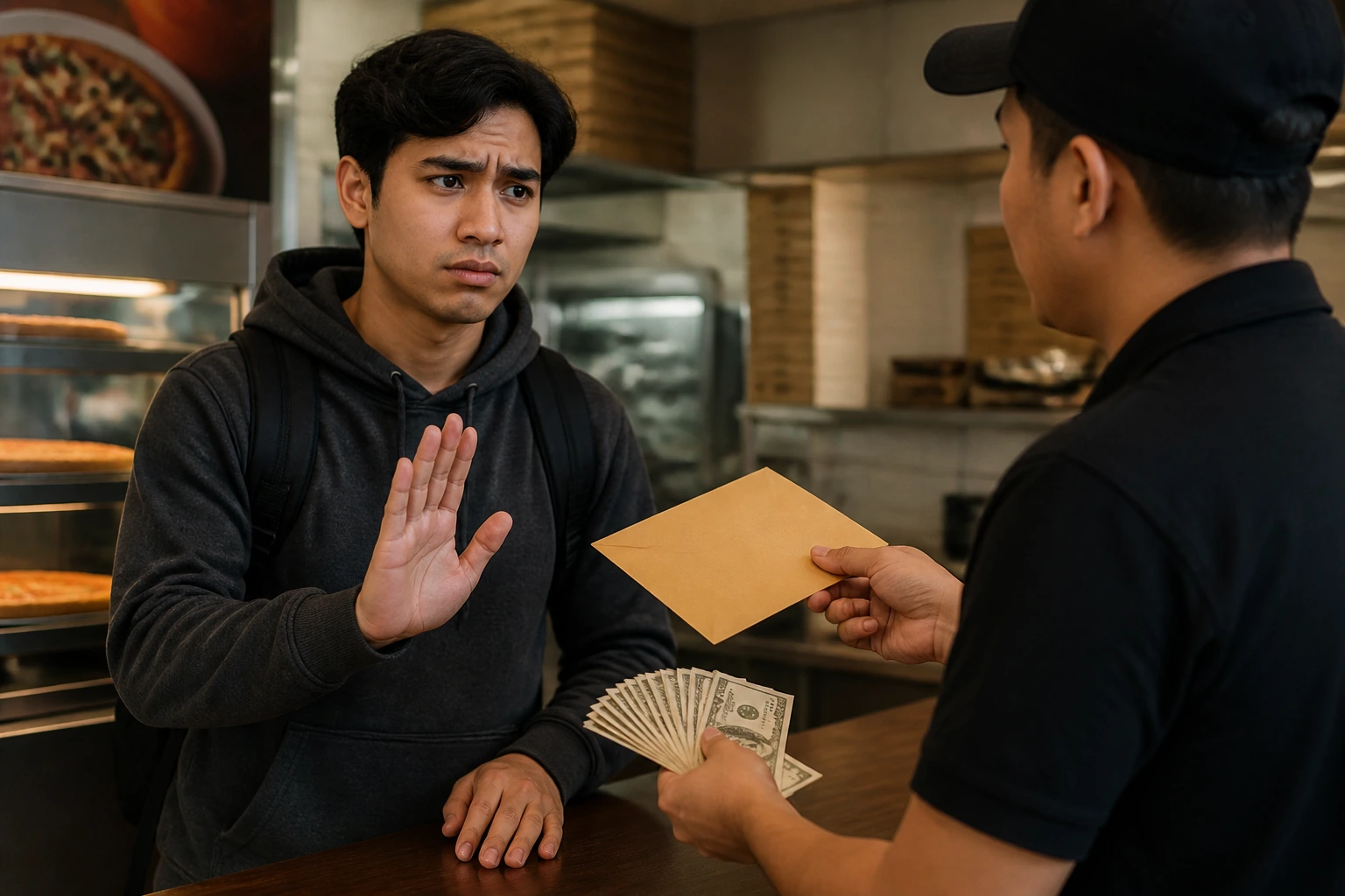 Job seeker in a shop looking wary at offers
