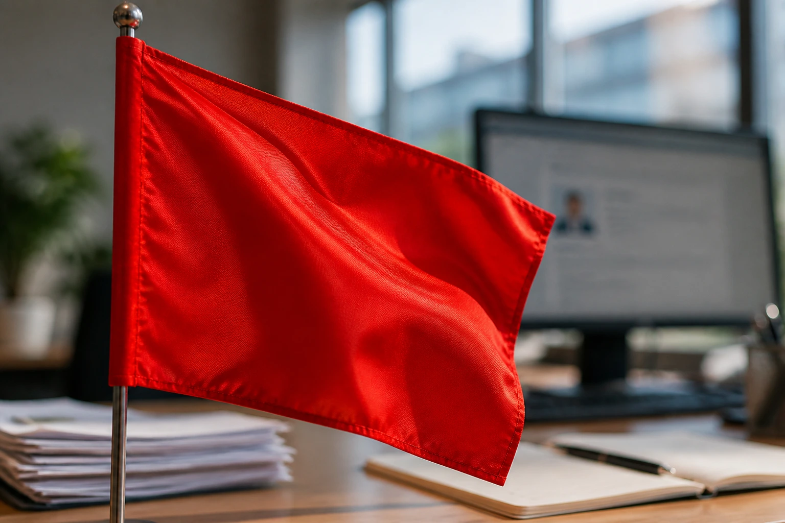 Close-up of a red flag on a pole with a blurred office background