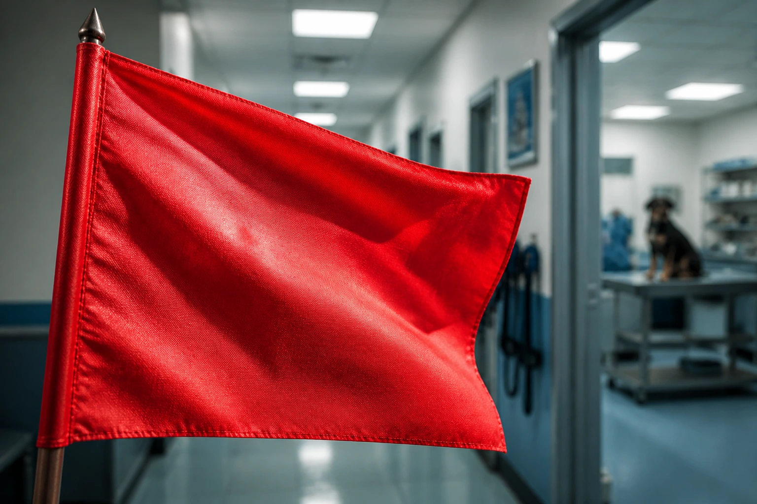 Close-up of a red warning flag in a veterinary clinic hallway symbolizing sponsorship red flags
