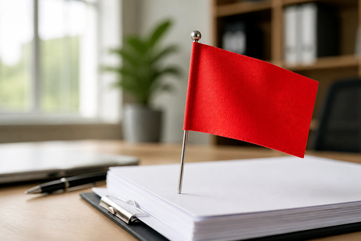 Close-up of a red warning flag atop blank contract papers on a desk, signaling sponsorship red flags