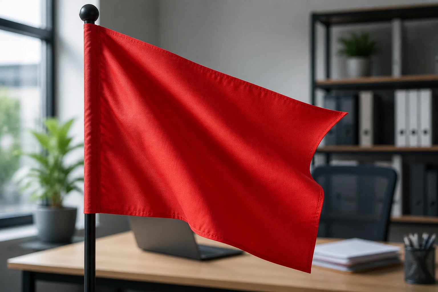 Close-up of a red warning flag symbolizing warning signs in visa sponsorship adverts, in an office setting.